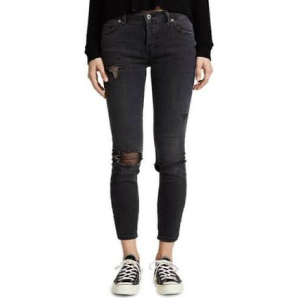 Free People Black Washed Fishnet‎ Distressed Skinny Jeans 27
